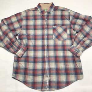 90s CAMERA Flannel Shirt Men M Red Blue Reverse Print Plaid Brushed Grunge Work